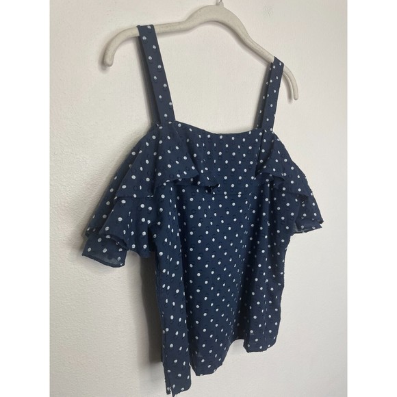 J.Crew Sz 6 Polka Dot Cold Shoulder Top Blue White Ruffle Tiered Cotton Textured - Picture 5 of 13